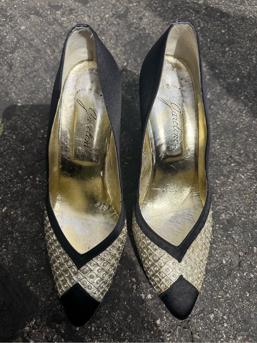 Vintage Garolini Italy Black Satin Gold Cap Toe Heels
Womens 9M
